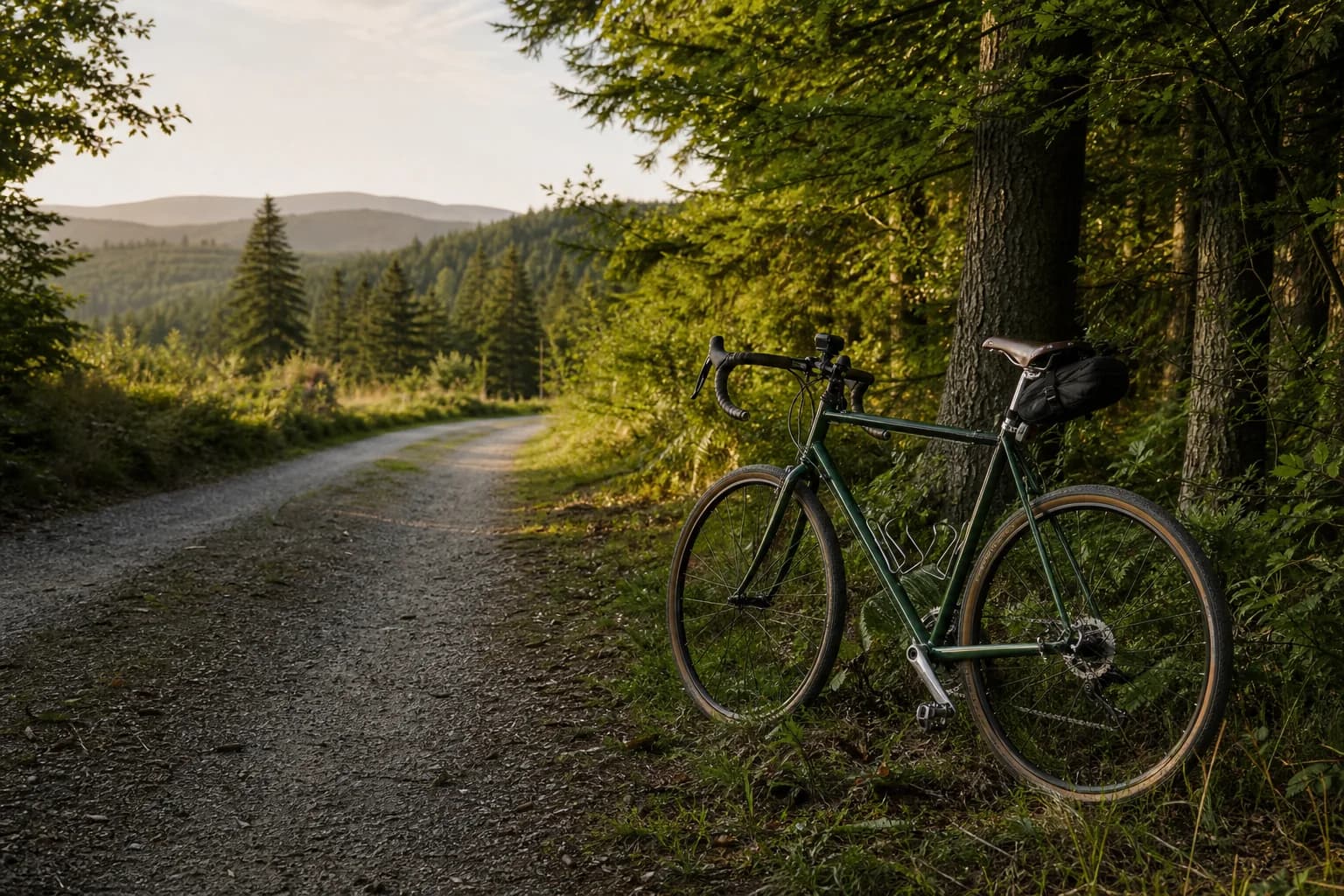 Fahrrad an einem ruhigen Waldweg im Bayerischen Wald