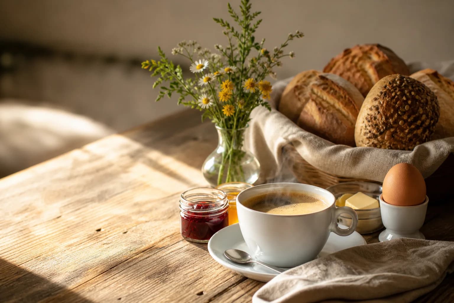 Frühstück mit Brot, Kaffee und Marmelade auf einem Holztisch